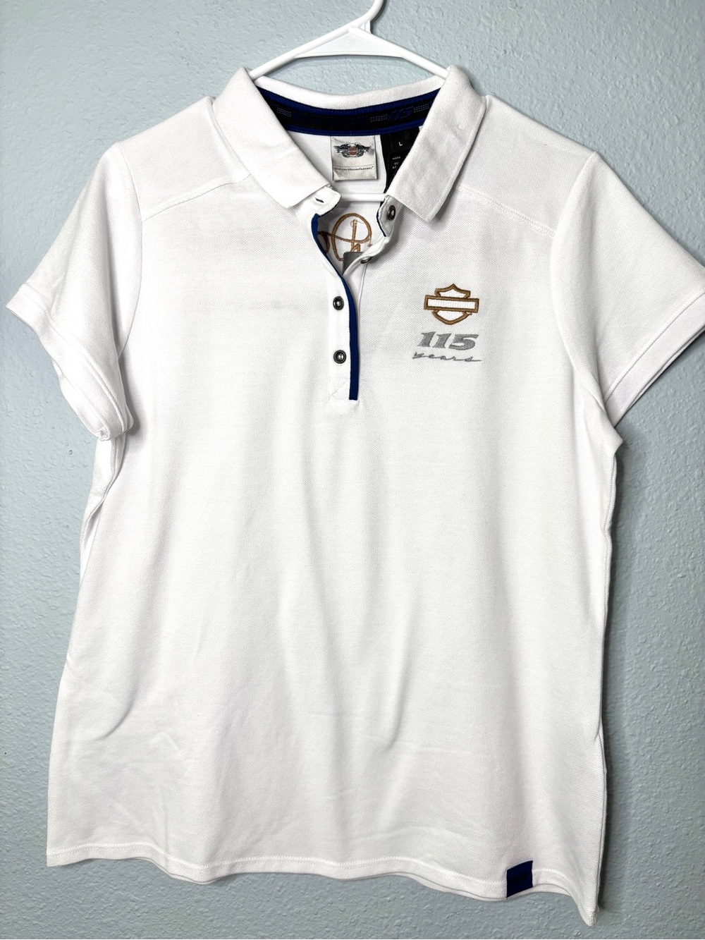 Harley Davidson NWT White Polo Shirt Embroidered Logo 115 Year Anniversary L
